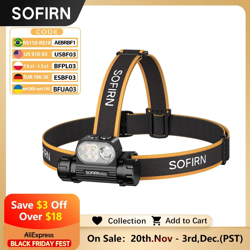 Sofirn HS22 2500lm Multi light Sources Headlamp SFT25R LED 6000K Rechargeable With 2700K Warm light Dual Switch